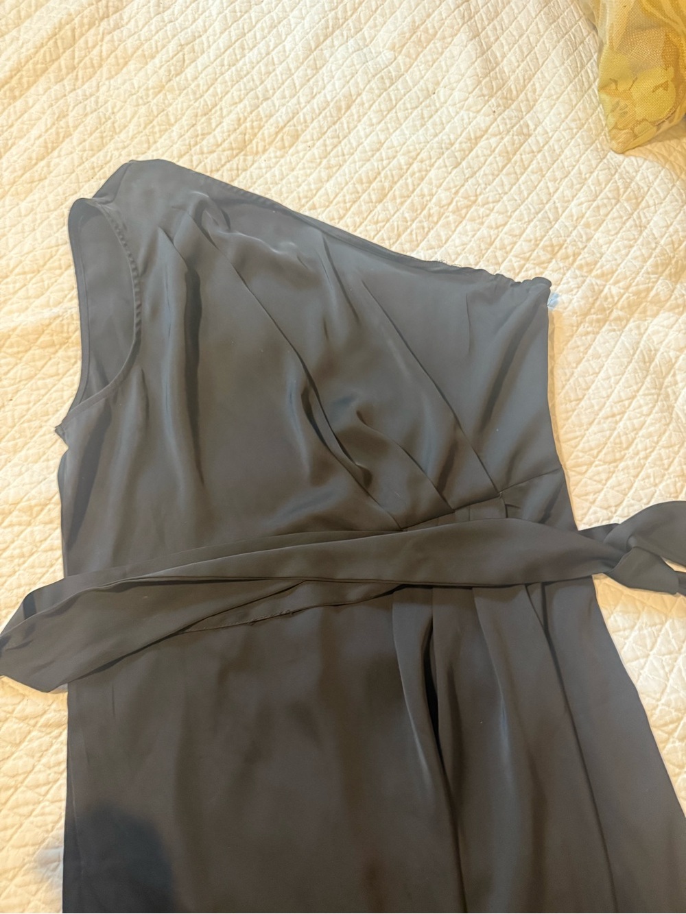 One-Shoulder Black Wrap Dress with Waist Tie